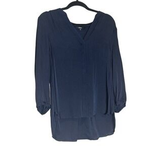 Quince Washable Silk Pleat Back Blouse Long Sleeve Navy Blue Quiet Luxury Size M